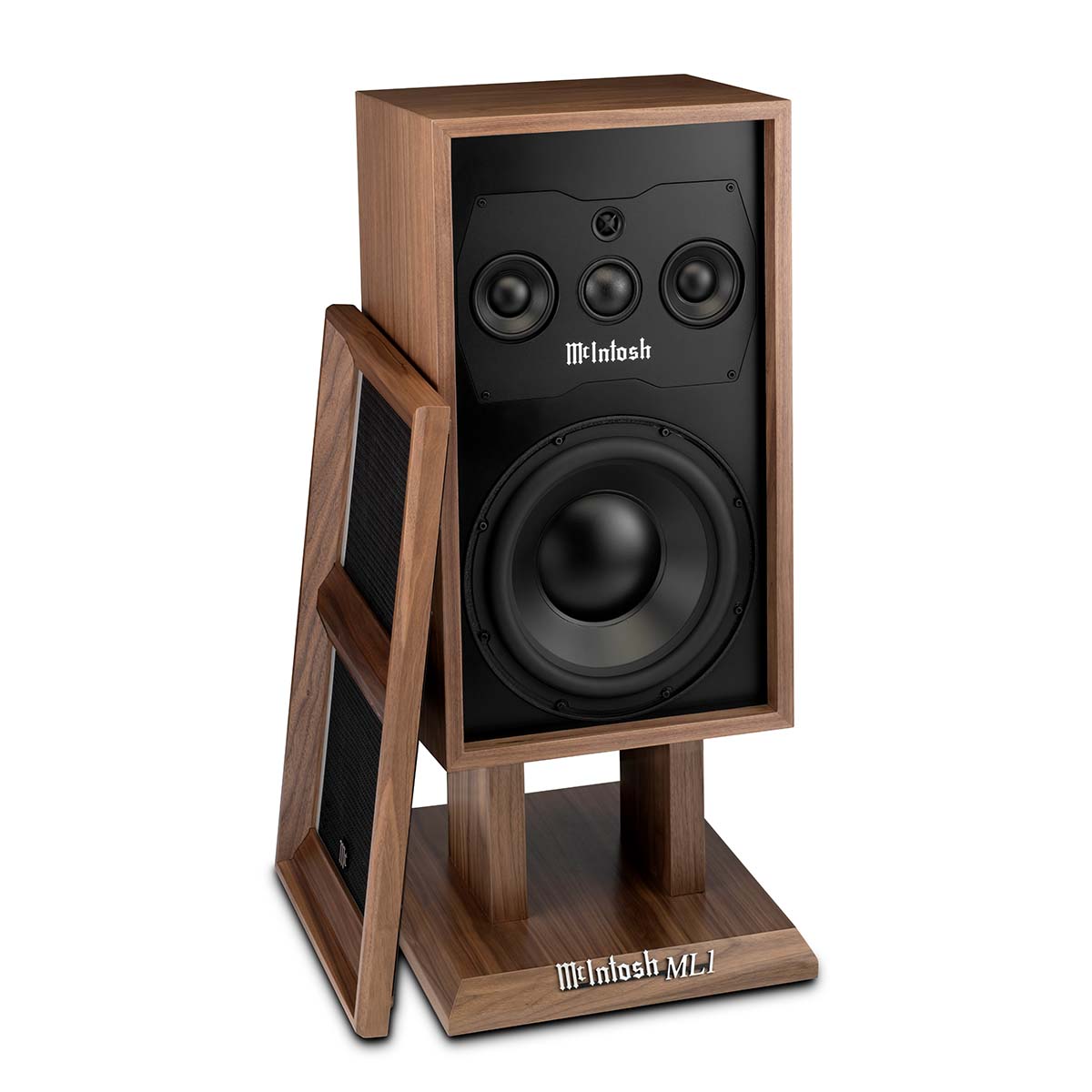 McIntosh ML1 Loudspeaker Mk II angled left front view with grille propped against side