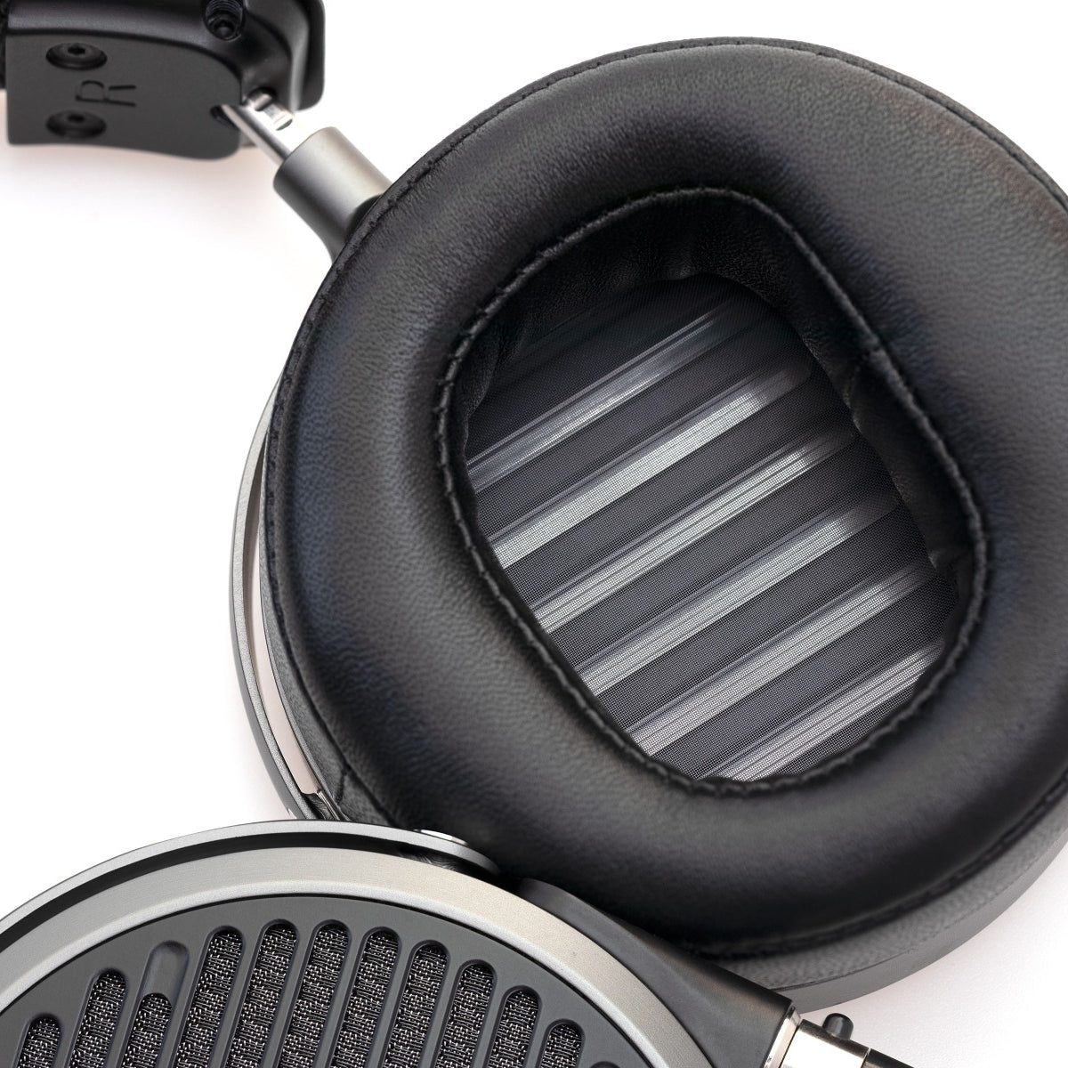 Close-up view of Audeze MM-500 Open-back Planar Magnetic Over-ear headphone's earcup chamber.