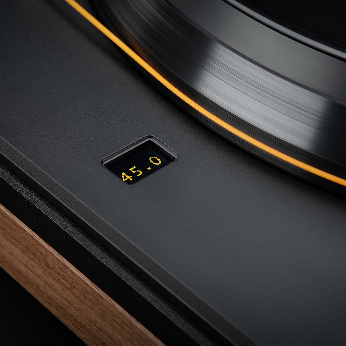 MoFi MasterDeck Turntable - walnut - zoomed angled view of front speedometer