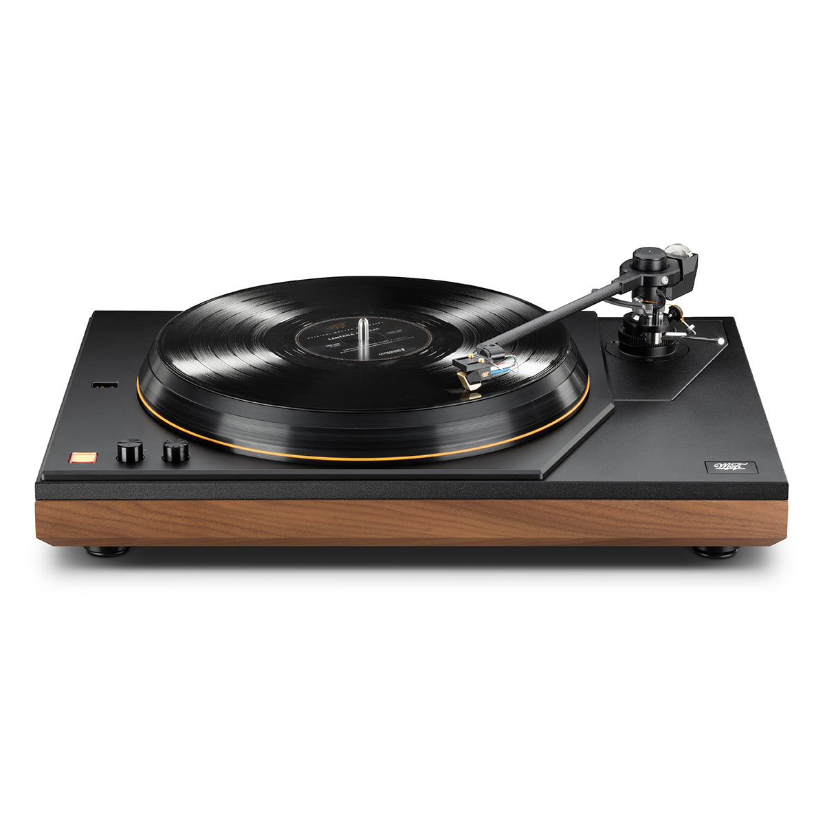 MoFi MasterDeck Turntable - walnut front view with record