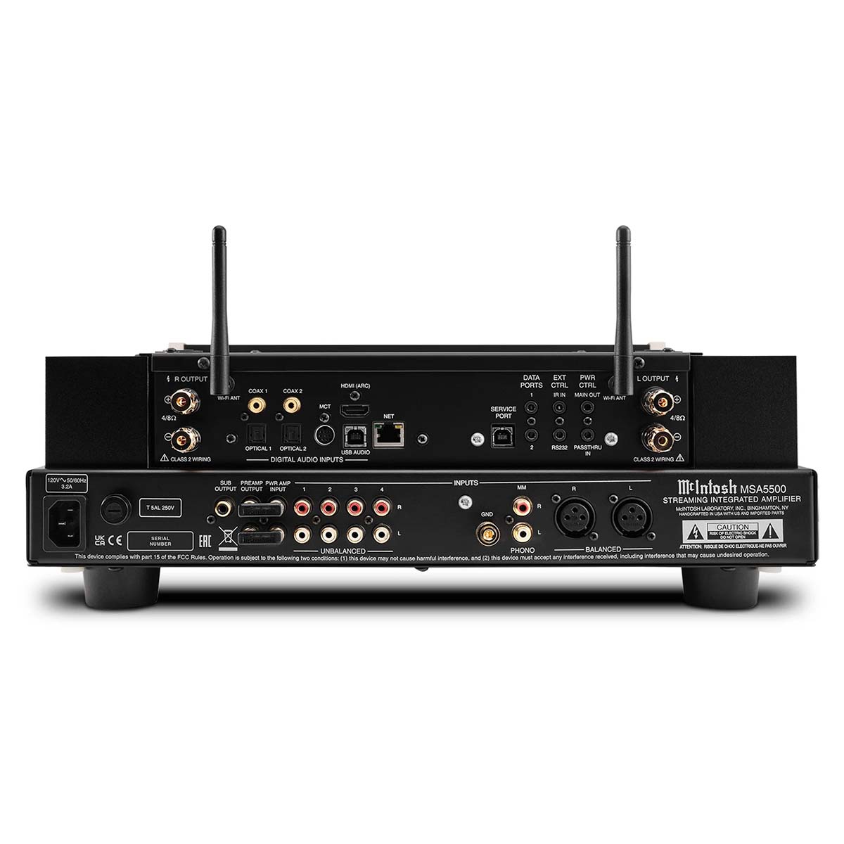 McIntosh MSA5500 Streaming Integrated Amplifier - black rear view showing inputs/outputs