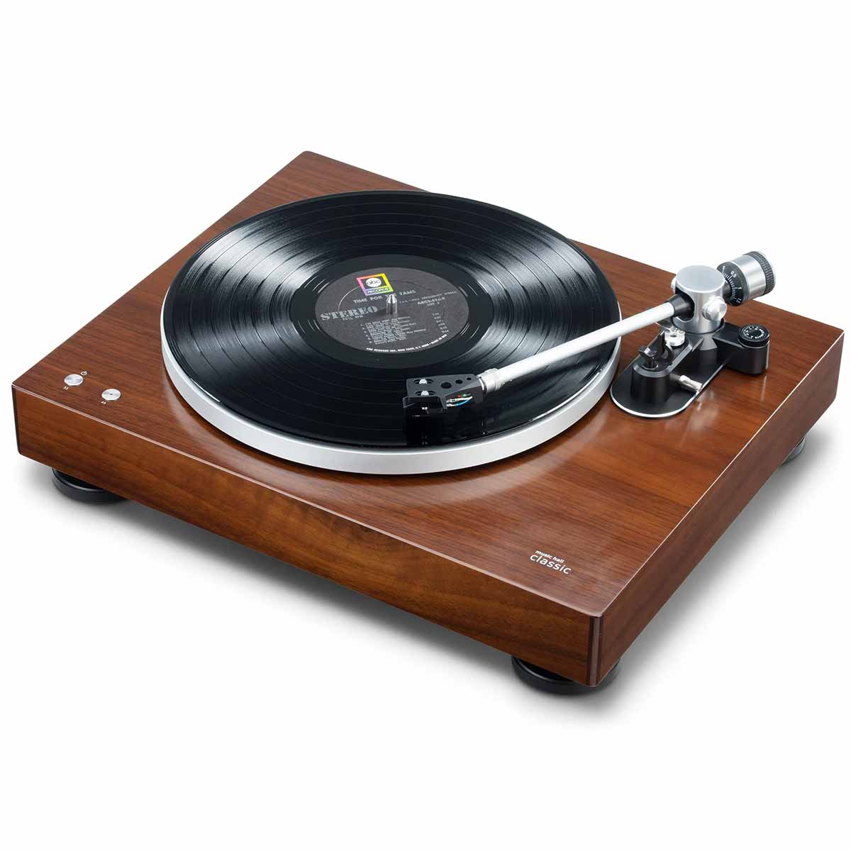 Music Hall Classic Turntable - right angled side view with record