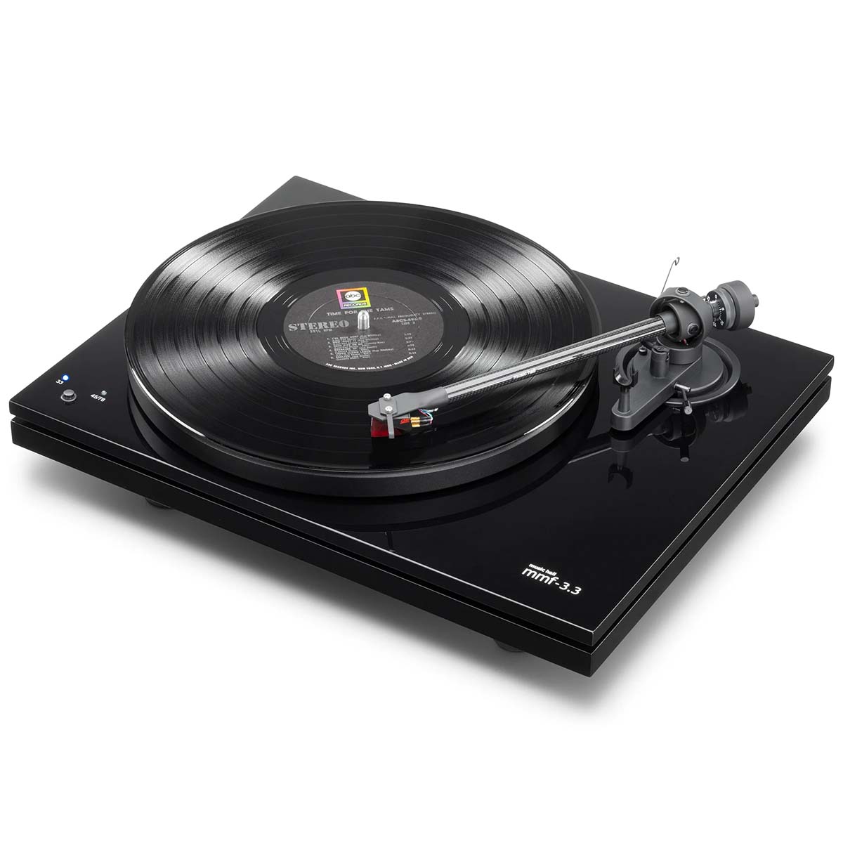 Music Hall MMF-3.3 Turntable - right angle side view with record
