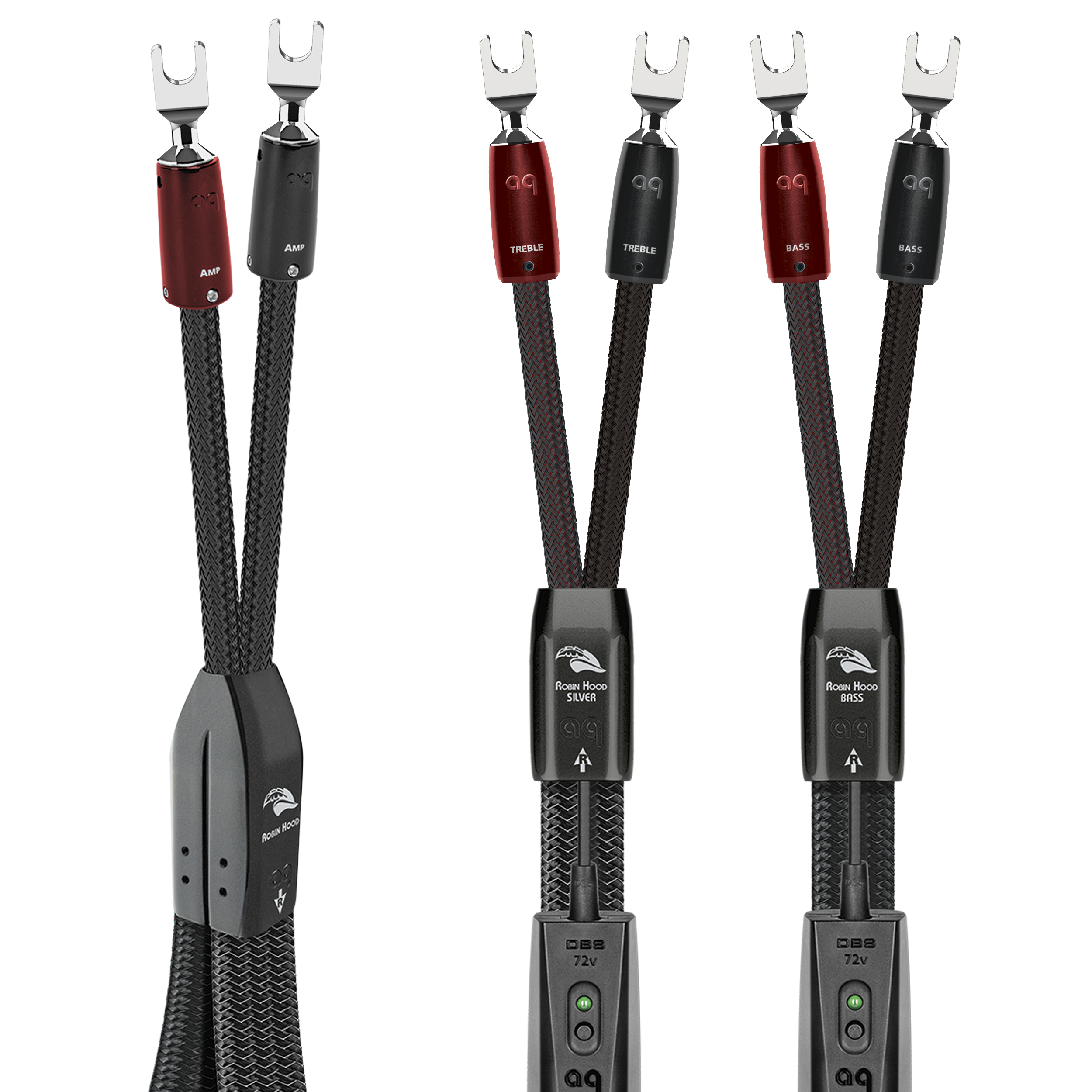 AudioQuest Robin Hood SILVER BiWire COMBO Speaker Cable w/ SILVER ZERO for Treble + BASS for Bass - front view