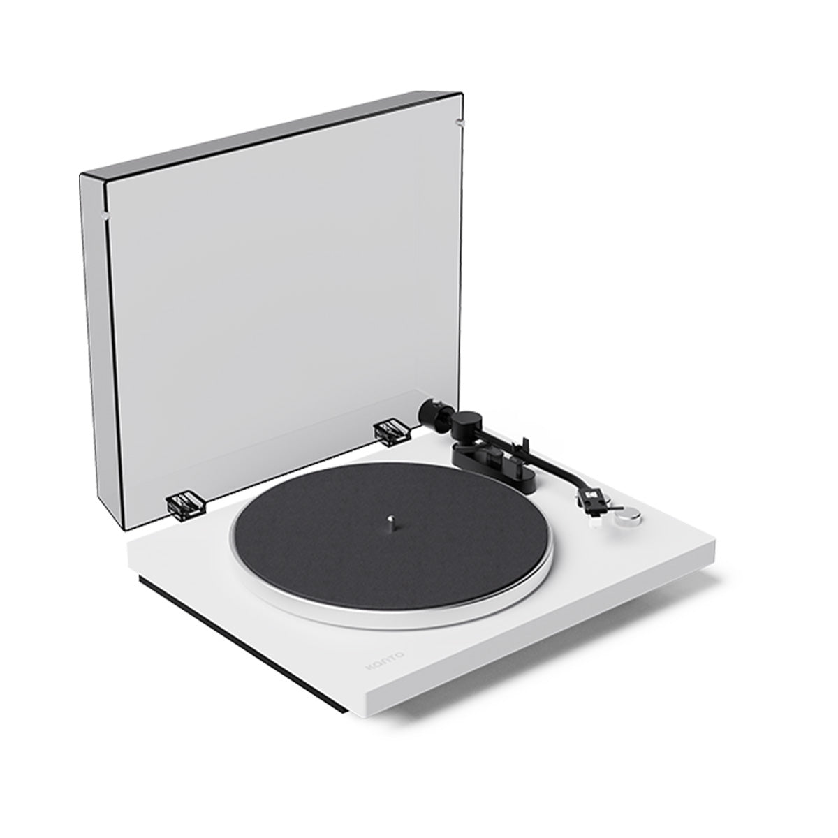 White turntable with clear dust cover on a white background