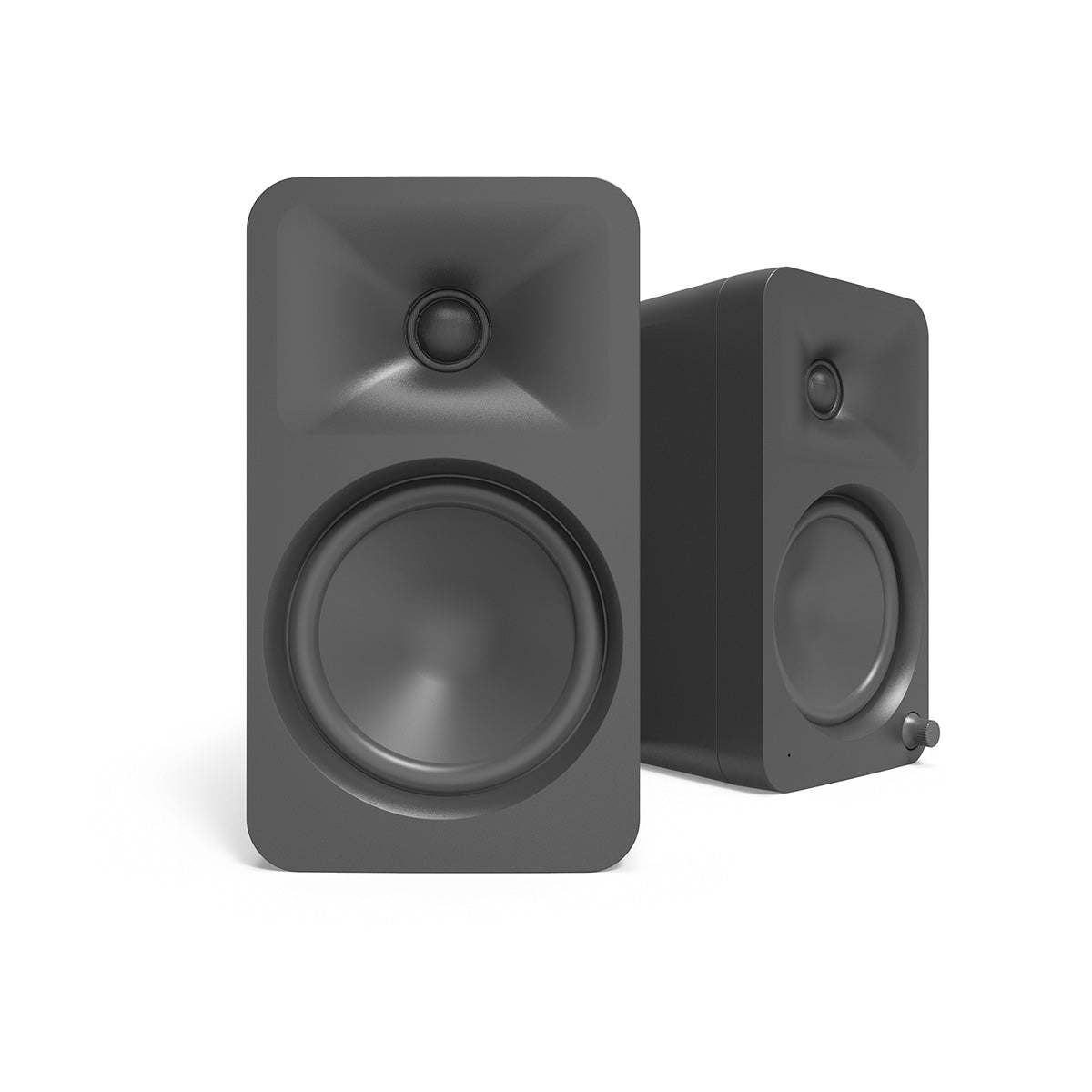Kanto ORA 4 Powered Reference Desktop Speakers - matte black pair - angled front view
