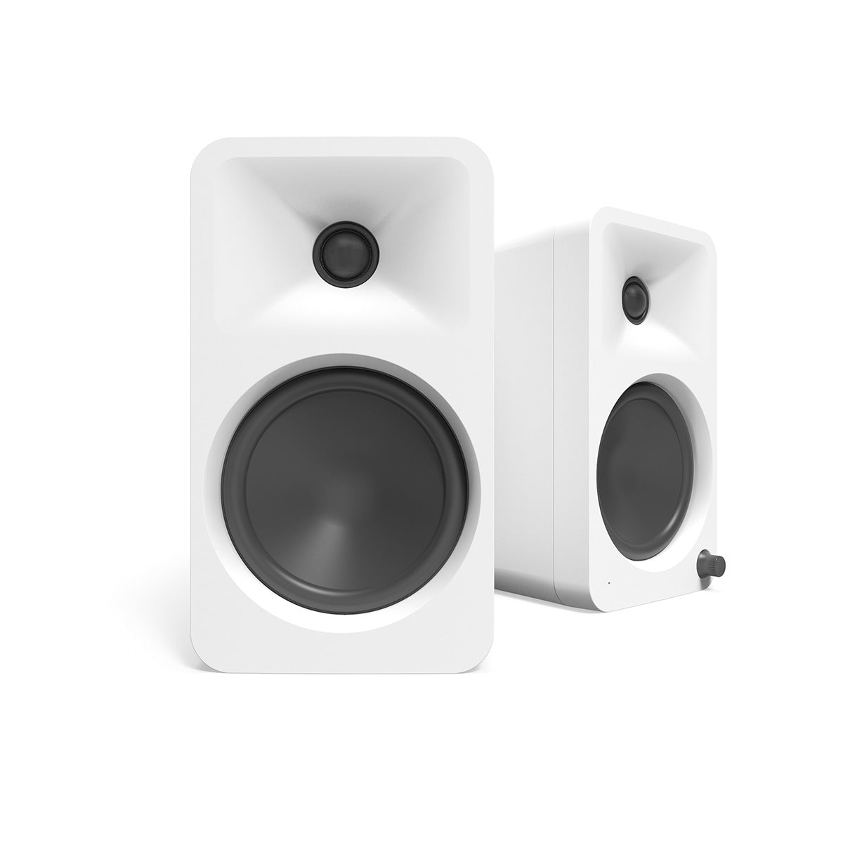 Kanto ORA 4 Powered Reference Desktop Speakers - matte white pair - angled front view
