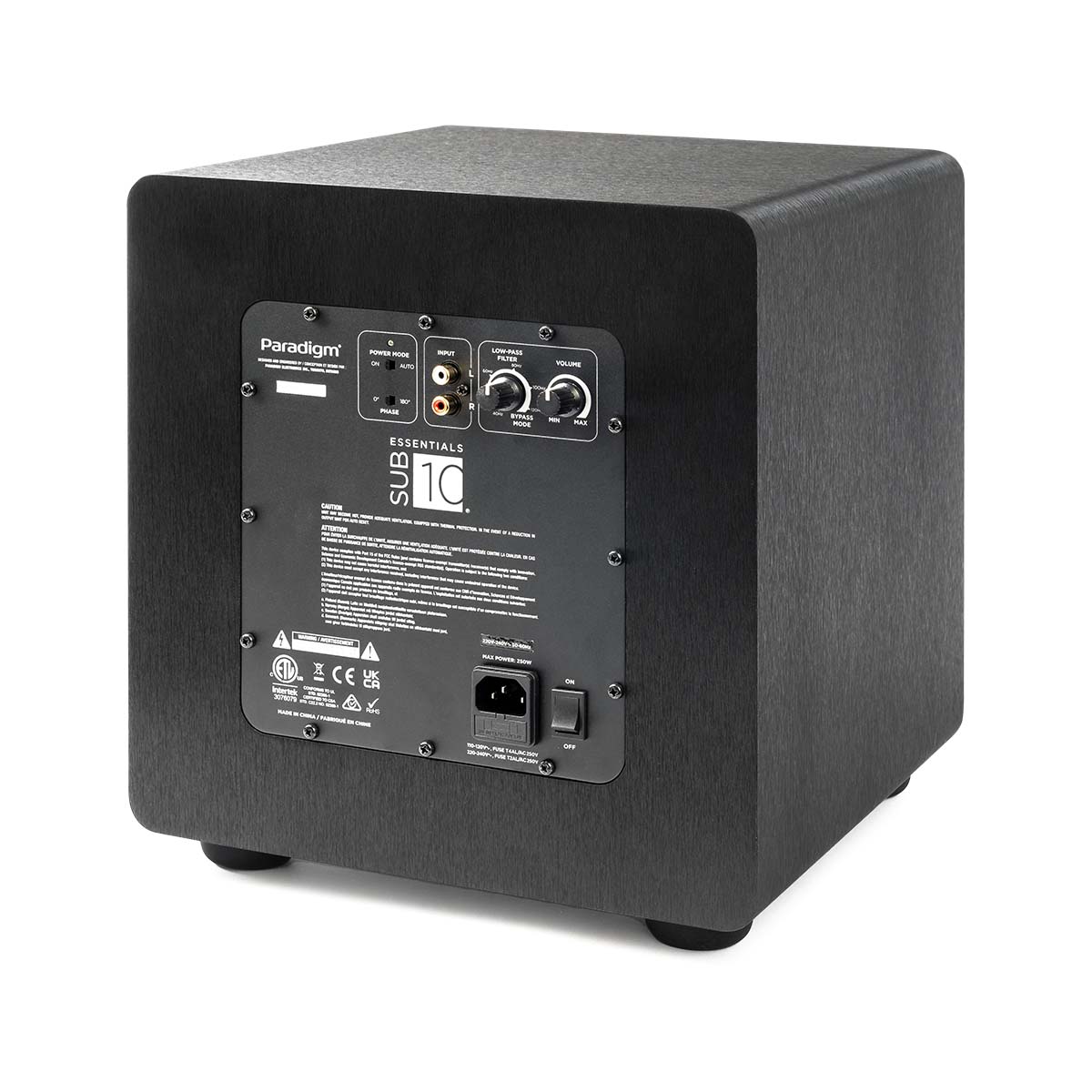 Paradigm Essentials Sub 10 Subwoofer - black three-quarter rear view angled left
