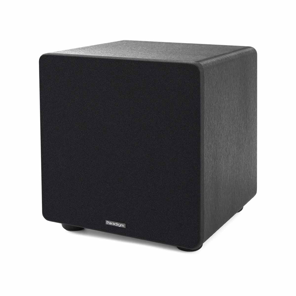 Paradigm Essentials Sub 10 Subwoofer - black three-quarter front view angled left with grille