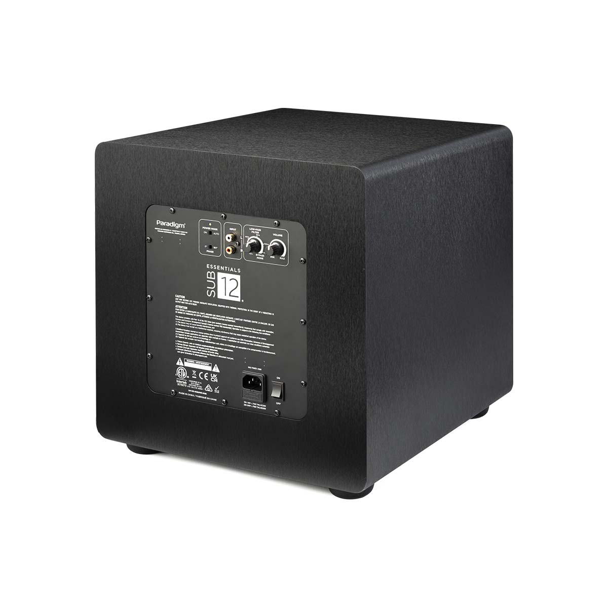 Paradigm Essentials Sub 12 Subwoofer - black three-quarter rear view angled left