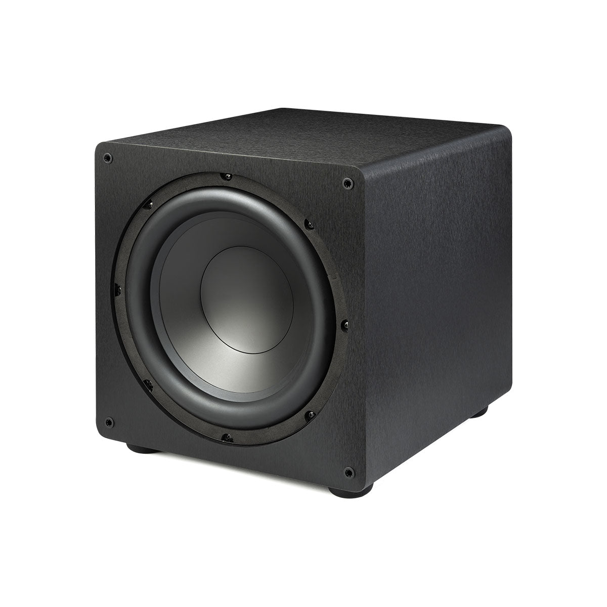 Paradigm Essentials Sub 12 Subwoofer - black three quarter front view without grille angled left