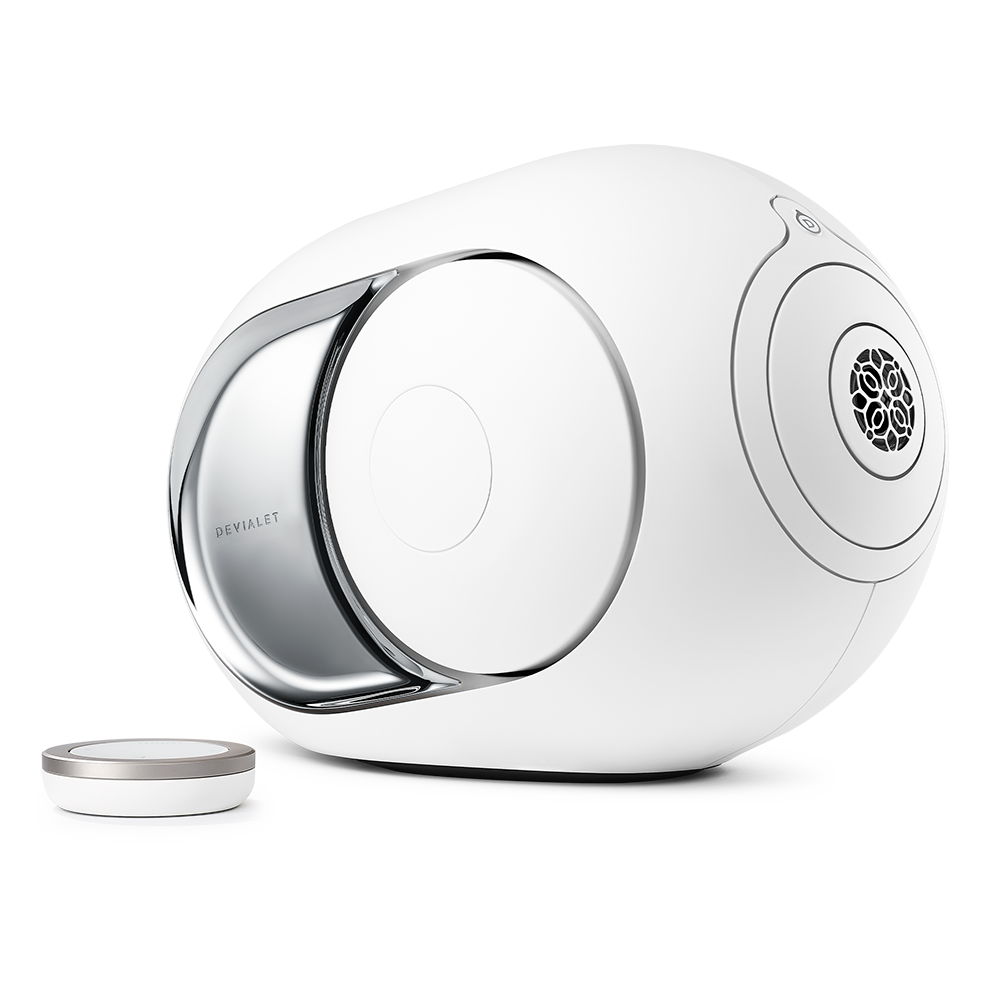Devialet Phantom I Wireless Speaker, Light Chrome, front angle with remote
