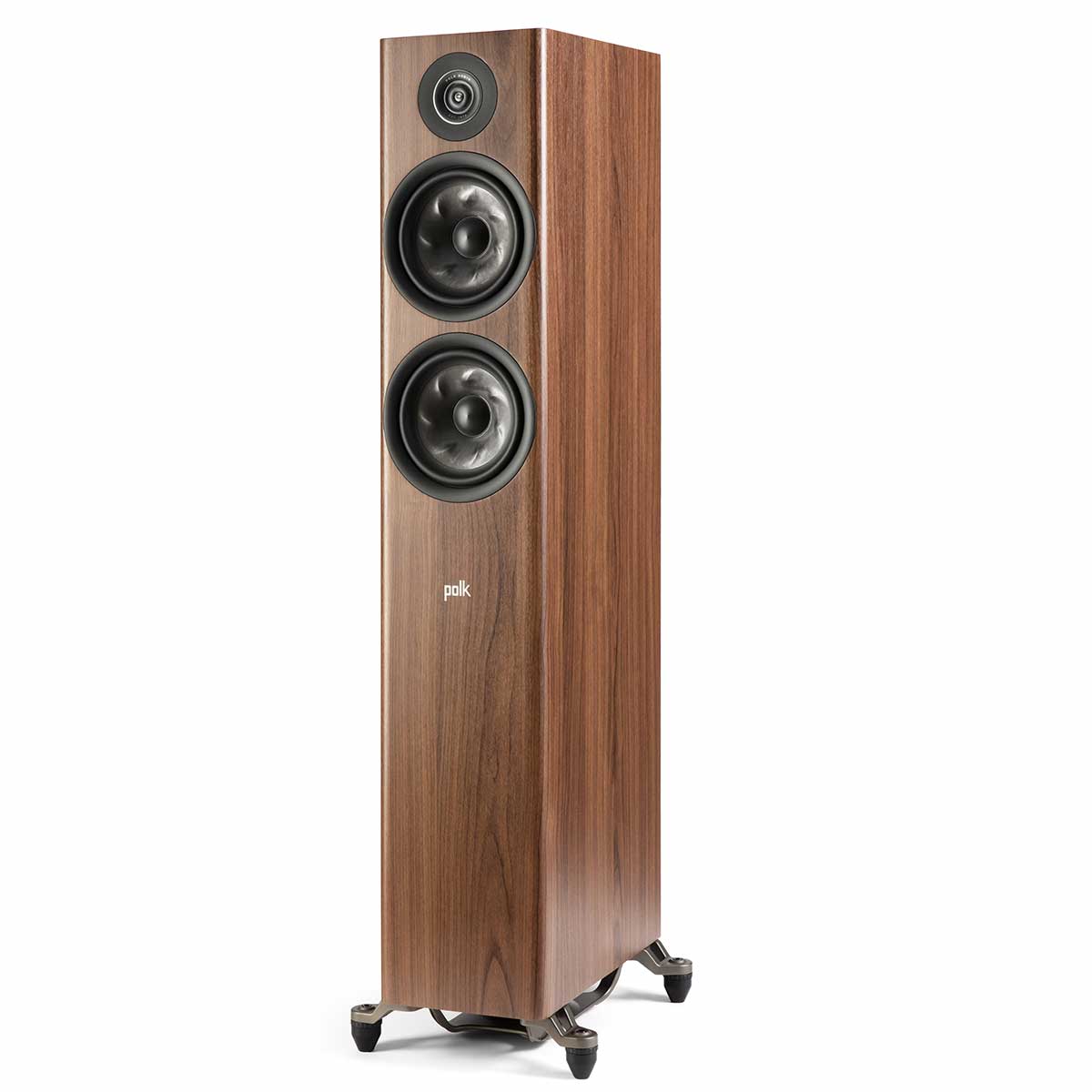 Polk R600 Floorstanding Speaker, Walnut, front left angle