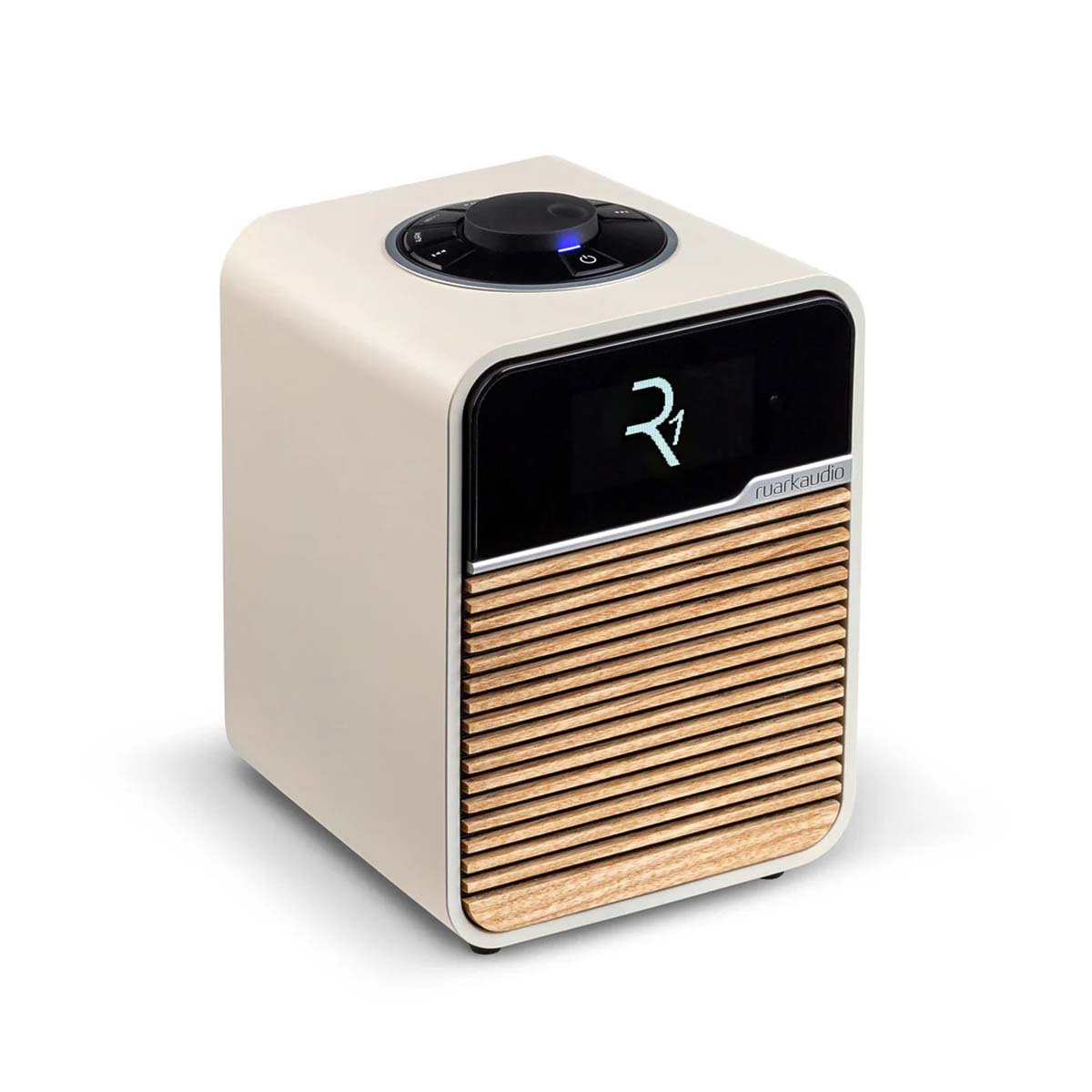 Ruark R1 Mk4 Deluxe Bluetooth Radio - Light Cream with Ash grille - three-quarter front and top view angled right with R1 logo on screen