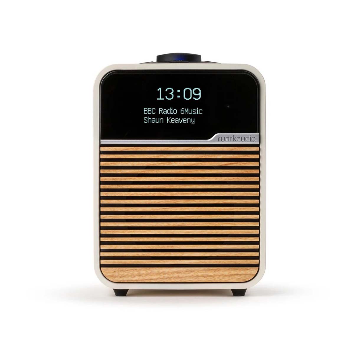 Ruark R1 Mk4 Deluxe Bluetooth Radio - Light Cream with Ash grille - front view with time and song info on screen