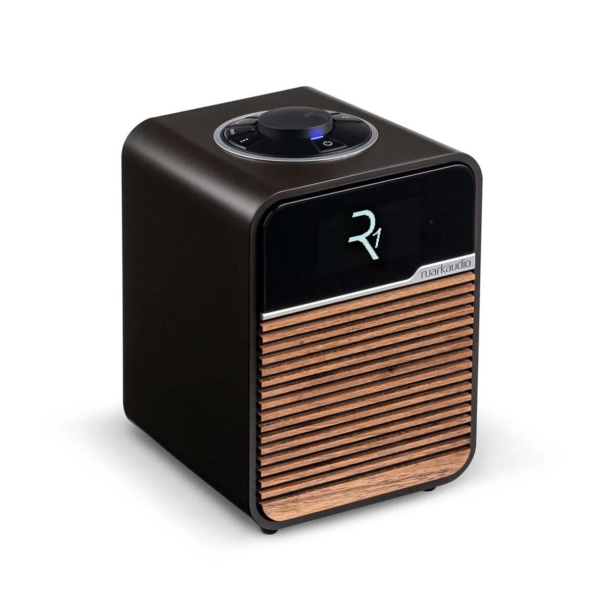 Ruark R1 Mk4 Deluxe Bluetooth Radio - Espresso with Walnut grille - three-quarter front and top view angled right with R1 logo on screen