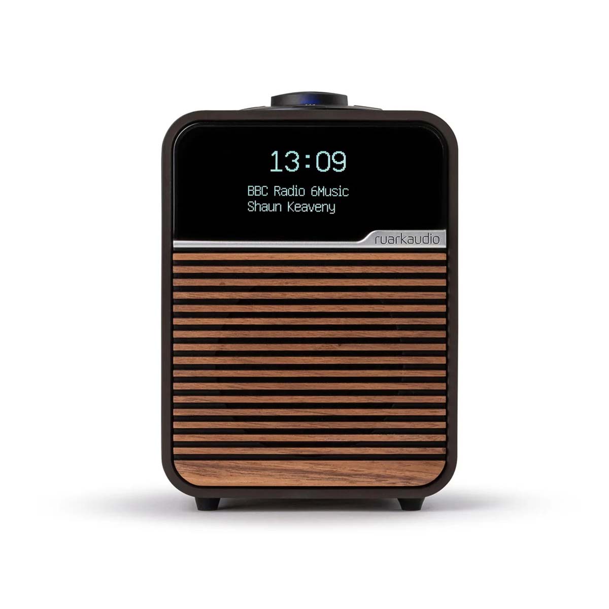 Ruark R1 Mk4 Deluxe Bluetooth Radio - Espresso with Walnut grille - front view with time and song info on screen