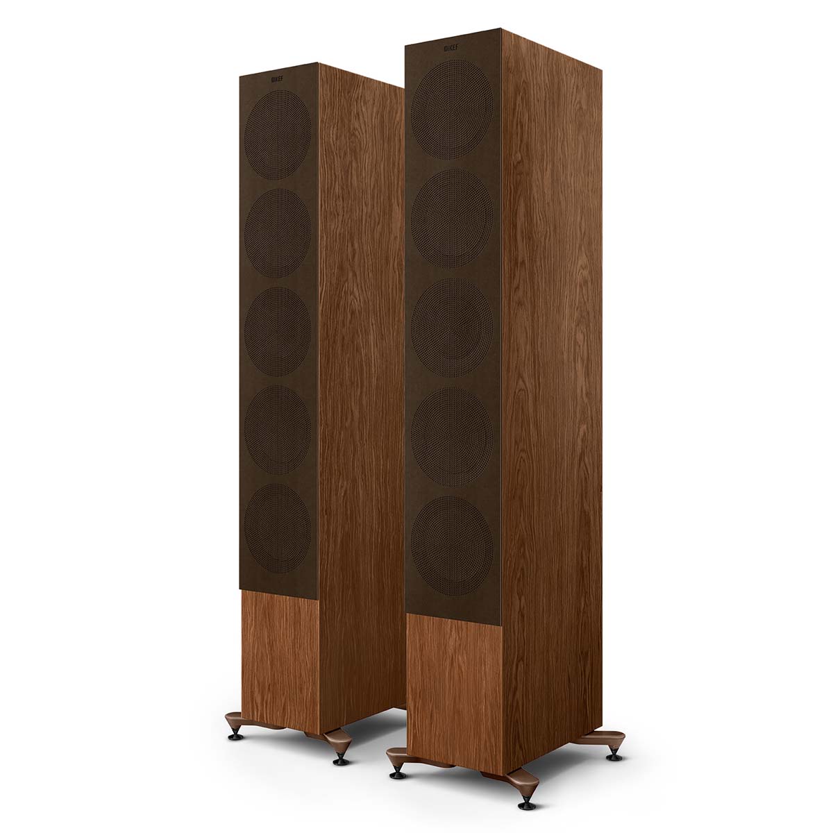 KEF R11 Meta Tower Speaker - walnut angled front view of pair with grilles
