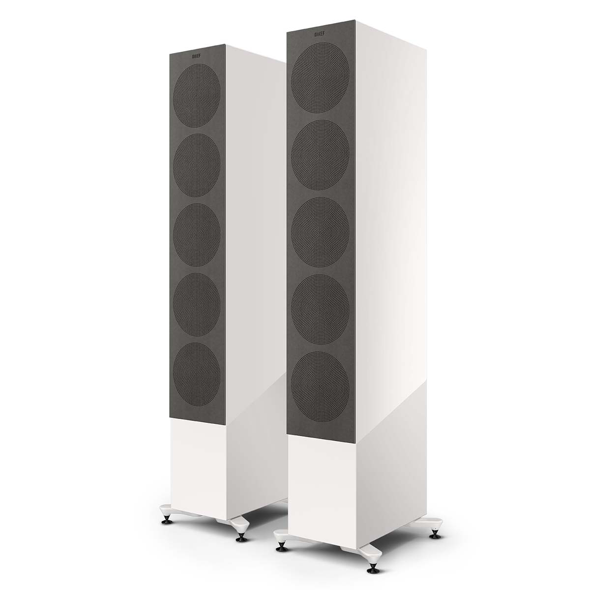 KEF R11 Meta Tower Speaker - white angled front view of pair with grilles