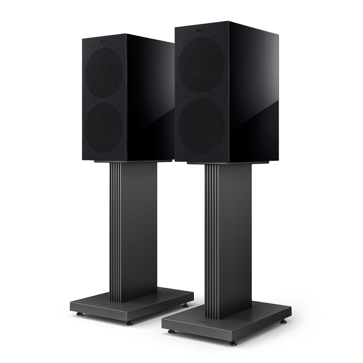 KEF R3 Meta Bookshelf Speakers - Pair black angled front view with grilles on S3 Stands