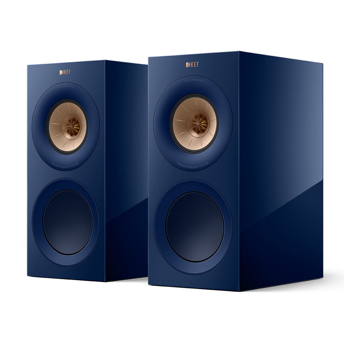 KEF R3 Meta Bookshelf Speakers - Pair blue angled front view without grilles