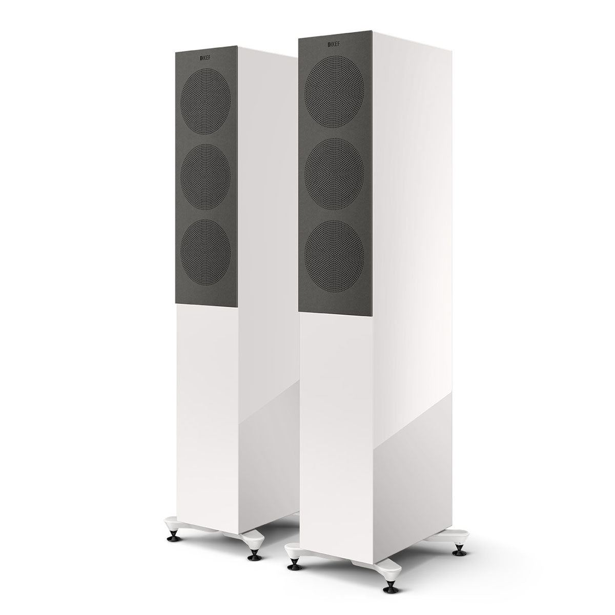 KEF R5 Meta Tower Speaker - white angled front view of pair with grilles
