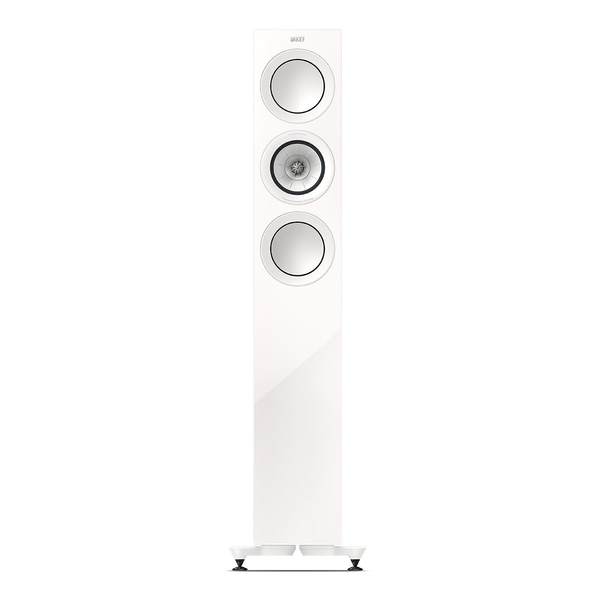 KEF R5 Meta Tower Speaker - white front view without grille