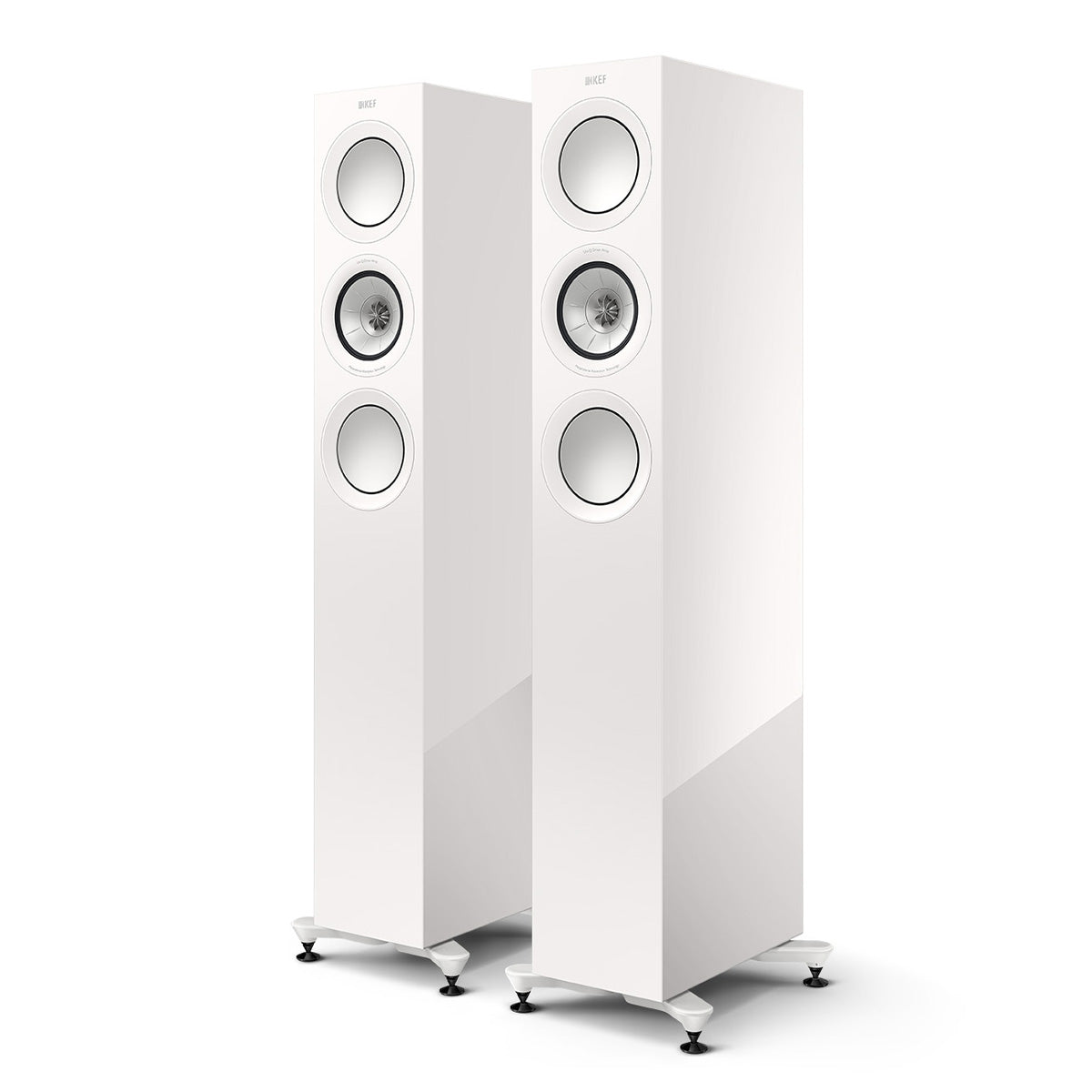 KEF R5 Meta Tower Speaker - white angled front view of pair without grilles