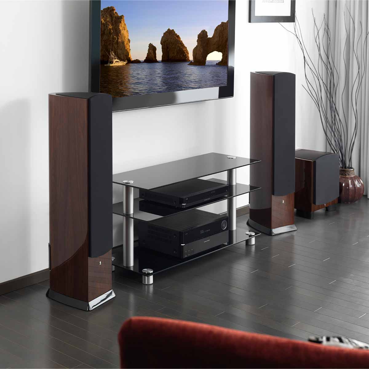 Revel F206 3-Way Floorstanding Tower Loudspeaker - Walnuit pair with grilles - lifestyle image