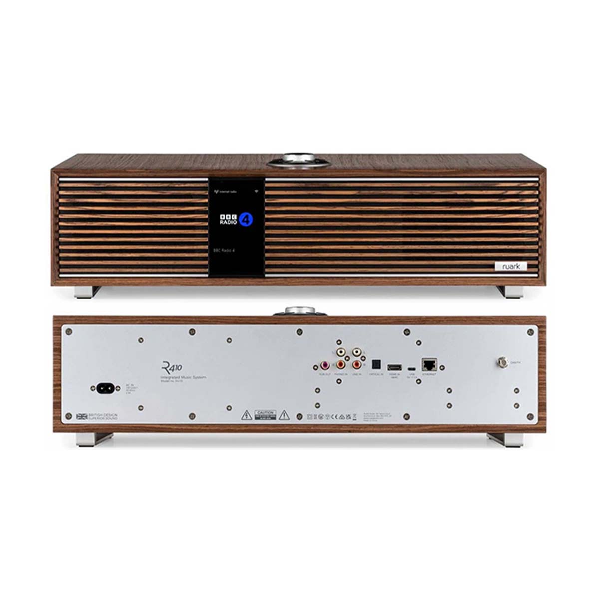 Ruark Audio R410 Integrated Music System - walnut with walnut grille - front and rear views