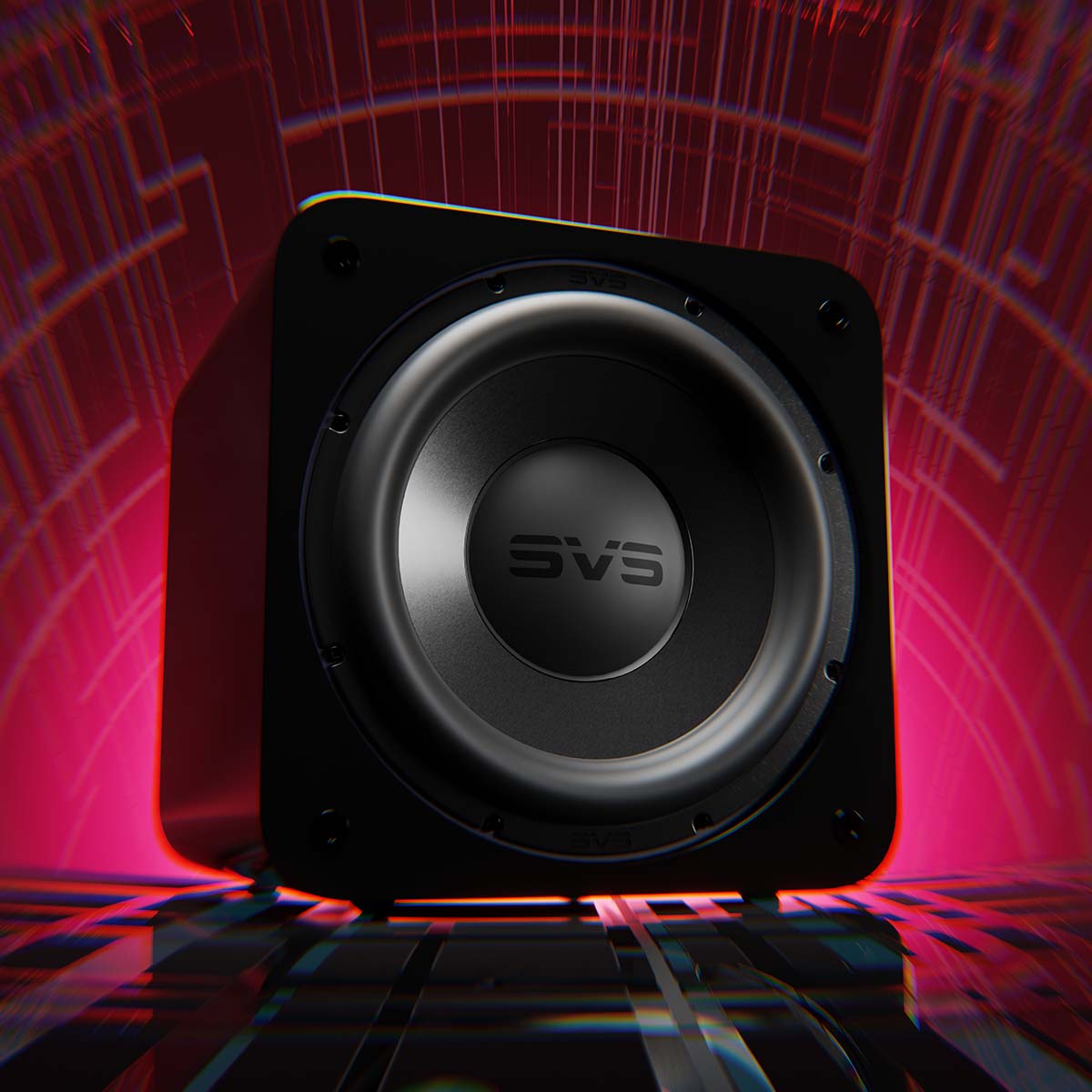 SVS SB-3000 R|Evolution 13" Subwoofer - Piano Gloss - front view angled left without grille with pink background graphic
