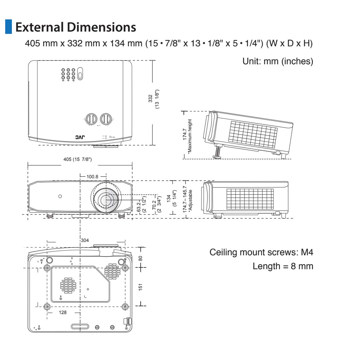 JVC LX-NZ30 4K Laser Home Theater Projector - technical drawings