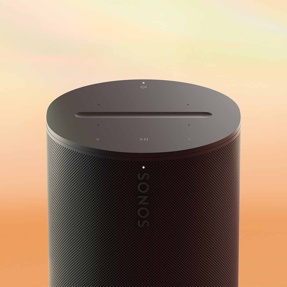 Sonos Era 100 Smart Speaker - Black - angled front view on tie-die background