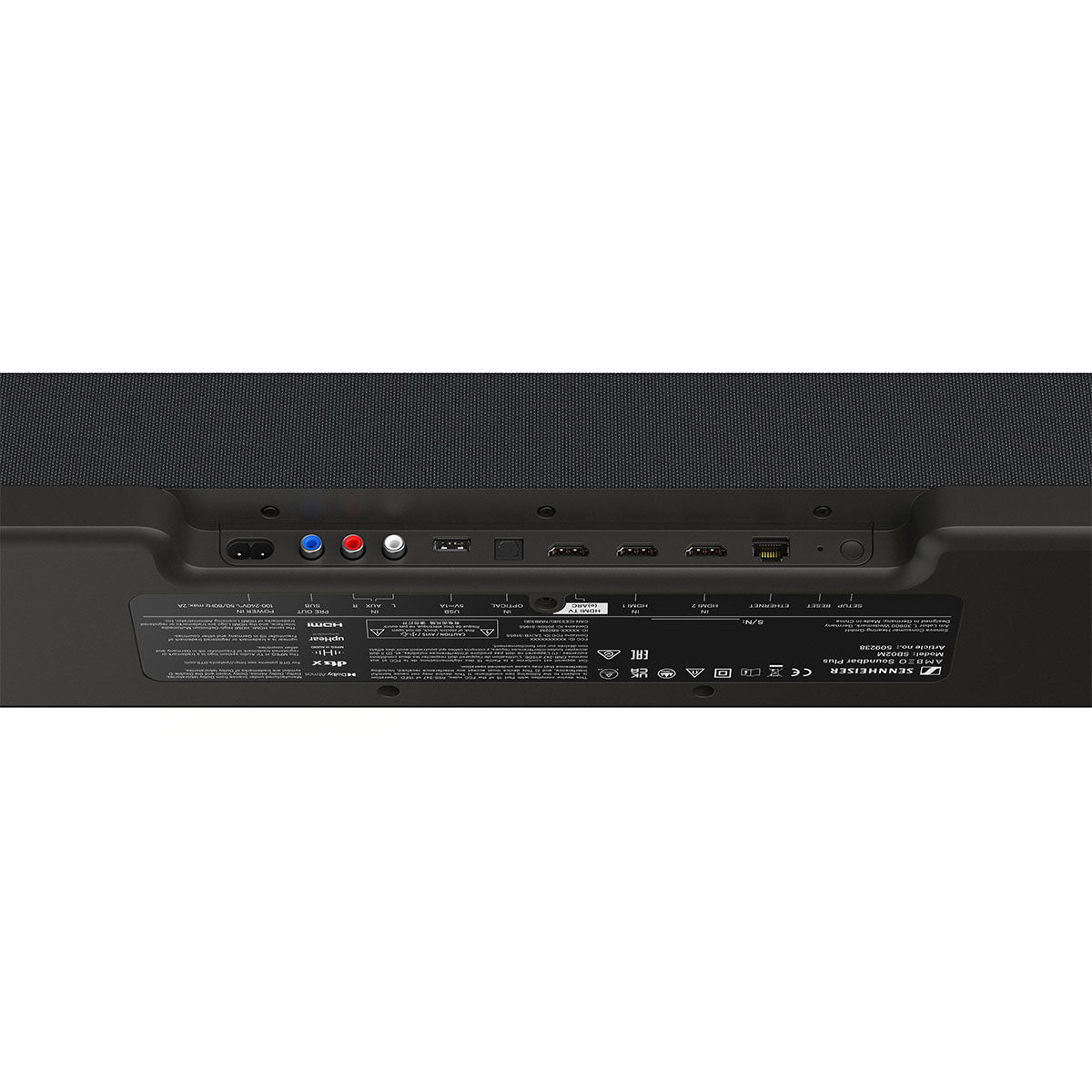 close up of rear inputs on Sennheiser Ambeo Soundbar Plus on white background