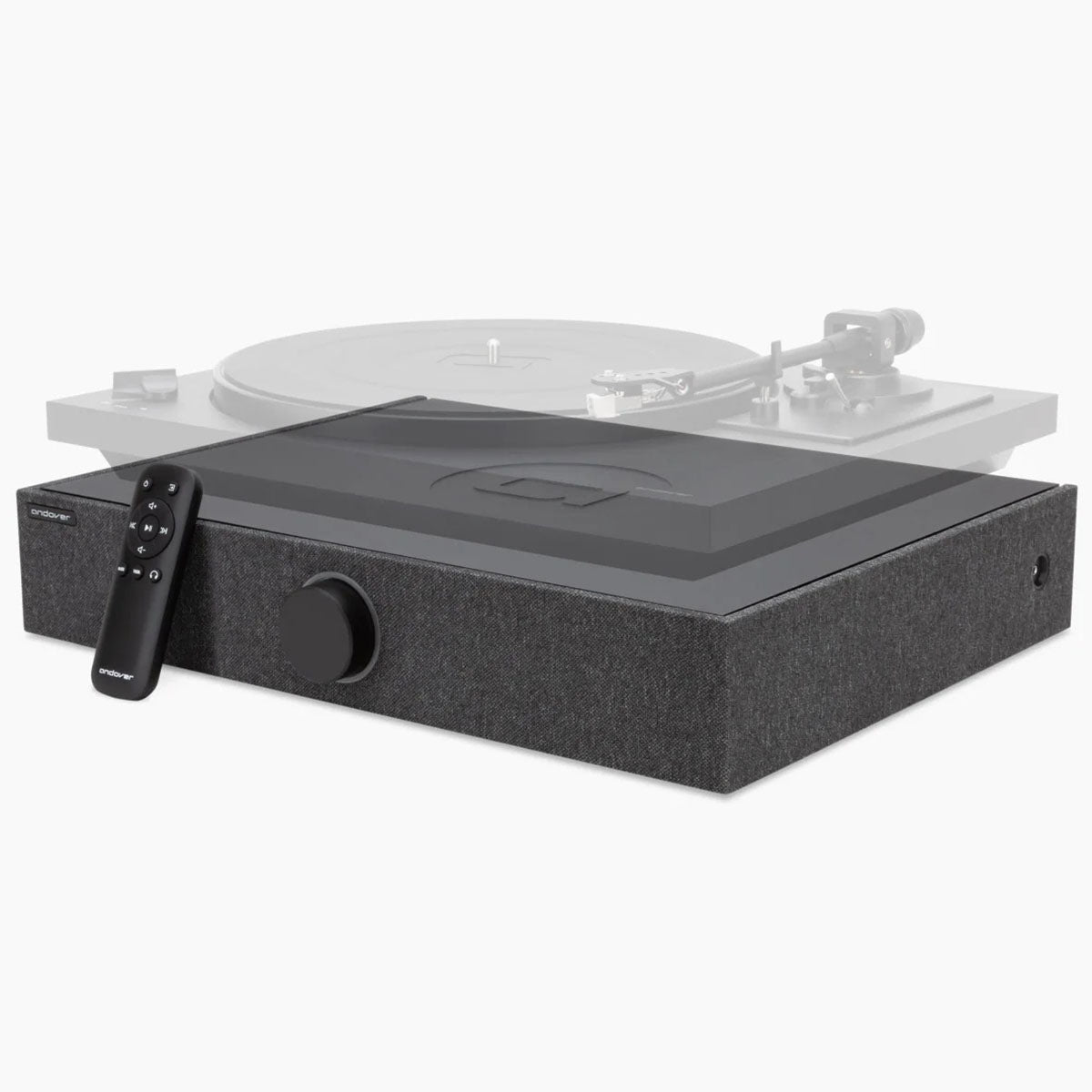 Andover SpinBase 2 Powered Turntable Speaker - black - front side and top view angled left with transparent turntable on top and remote leaning on front