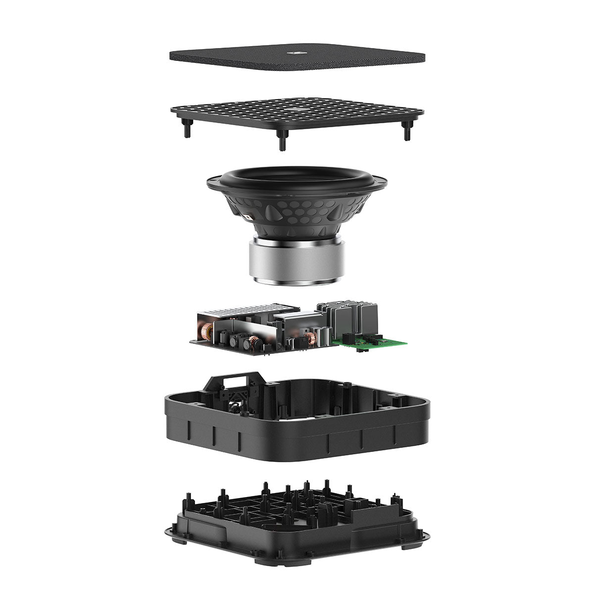 Sennheiser Ambeo Sub internals on white background