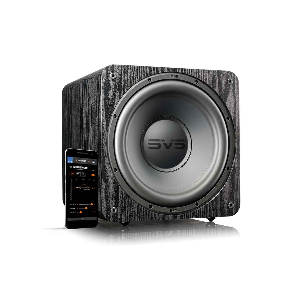 SVS SB-1000 Pro Series Subwoofer in black ash with SVS smartphone app