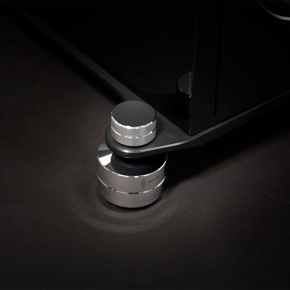 PSB Synchrony T600 Premium Tower Speaker - single black - zoomed angled view of IsoAcoustics feet