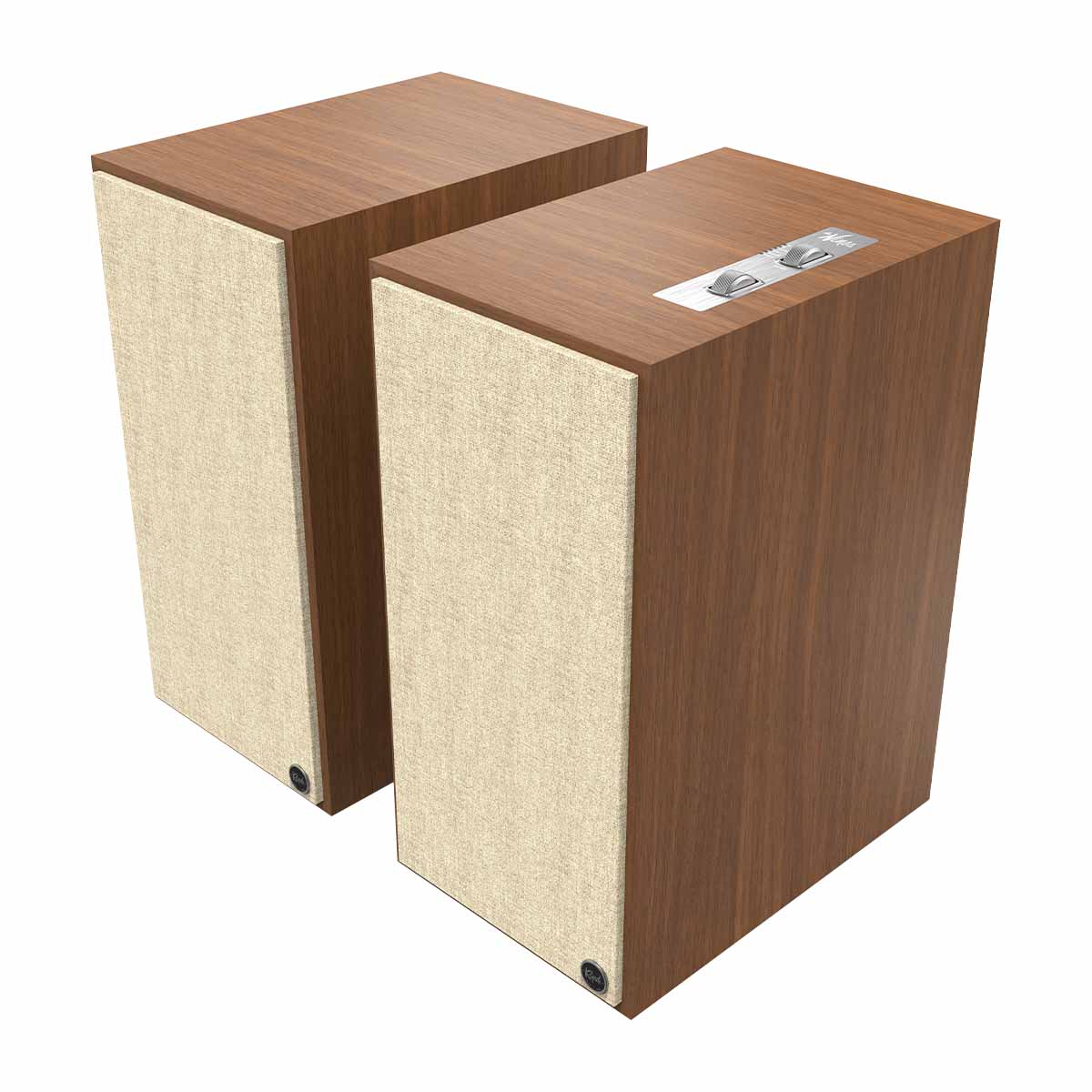 Klipsch The Nines Powered Speakers - Pair - walnut angled front view with grille