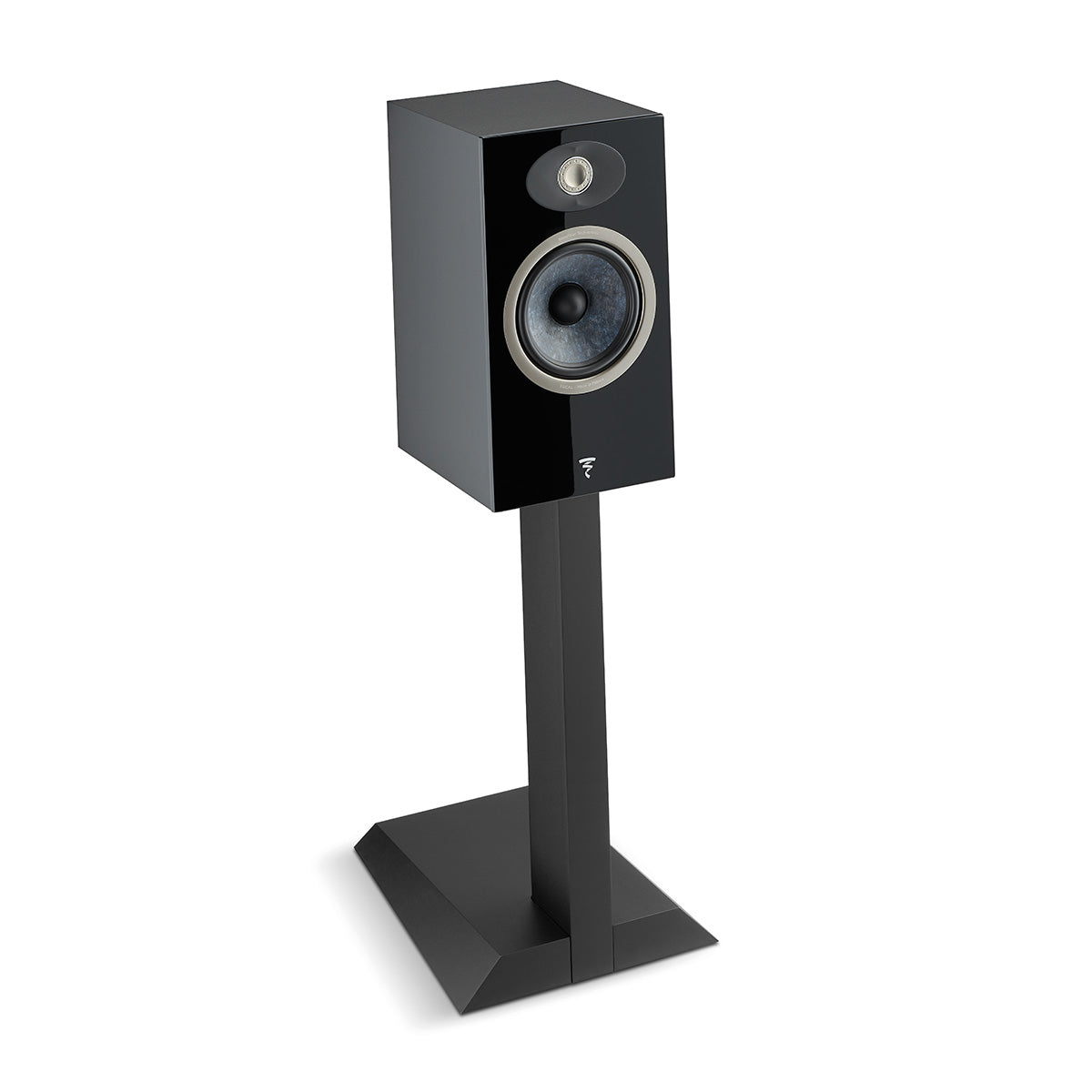 Focal Theva No1 Bookshelf Speakers - Black - Pair - angled right front view on stand with grille