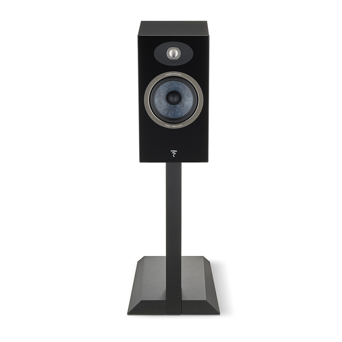 Focal Theva No1 Bookshelf Speakers - Black - Pair - angled right front view on stand without grille