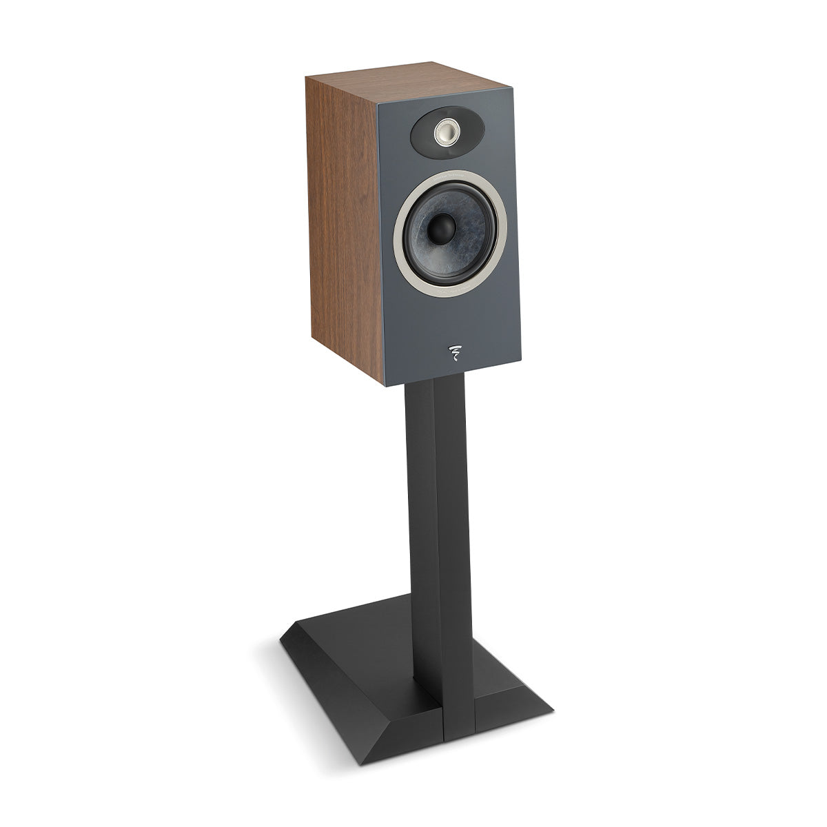 Focal Theva No1 Bookshelf Speakers - Dark Wood - Pair - angled right front view on stand with grille