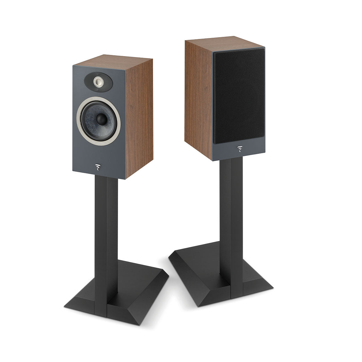 Focal Theva No1 Bookshelf Speakers - Dark Wood - Pair - front view on stand without grille