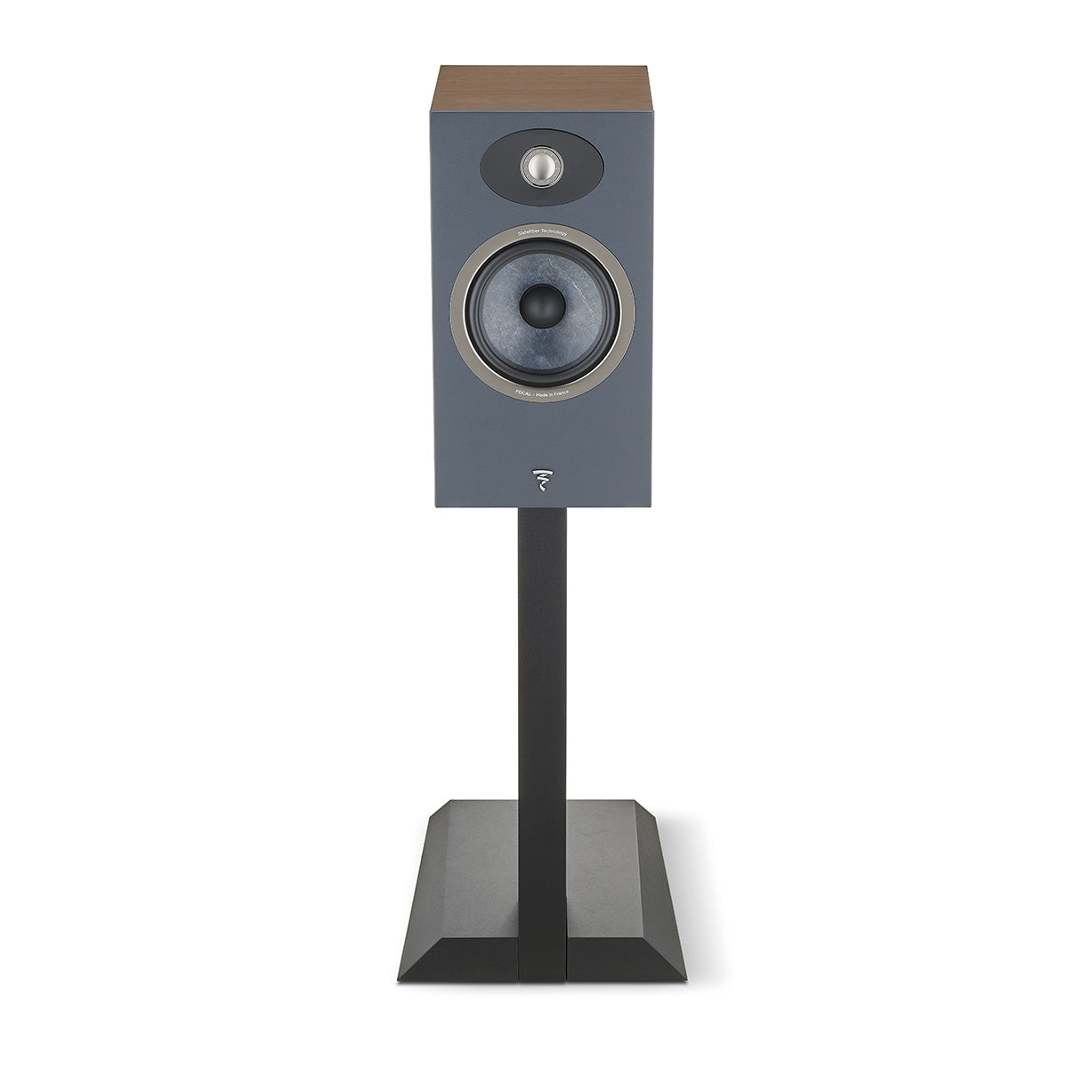 Focal Theva No1 Bookshelf Speakers - Dark Wood - Pair - angled right front view on stand without grille