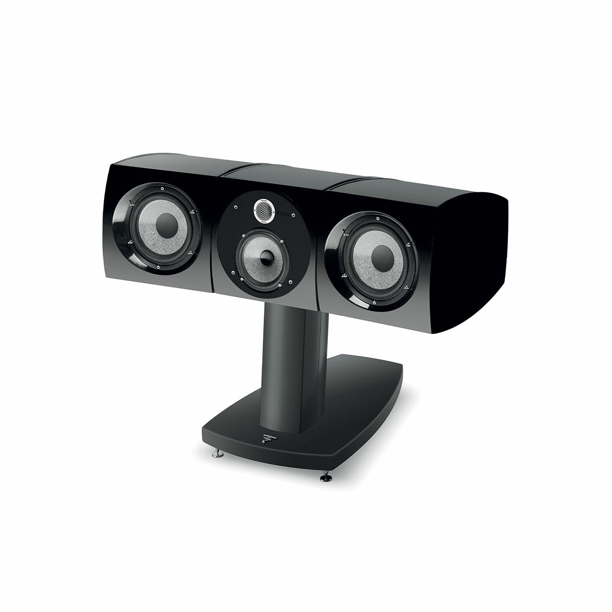 Focal Viva Center Utopia Evo 3-Way Speaker - Black Lacquer - front view sitting horizontally on sold separately stand angled left without grille