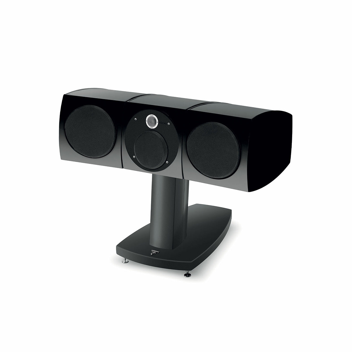Focal Viva Center Utopia Evo 3-Way Speaker - Black Lacquer - front view sitting horizontally on sold separately stand angled left with grille