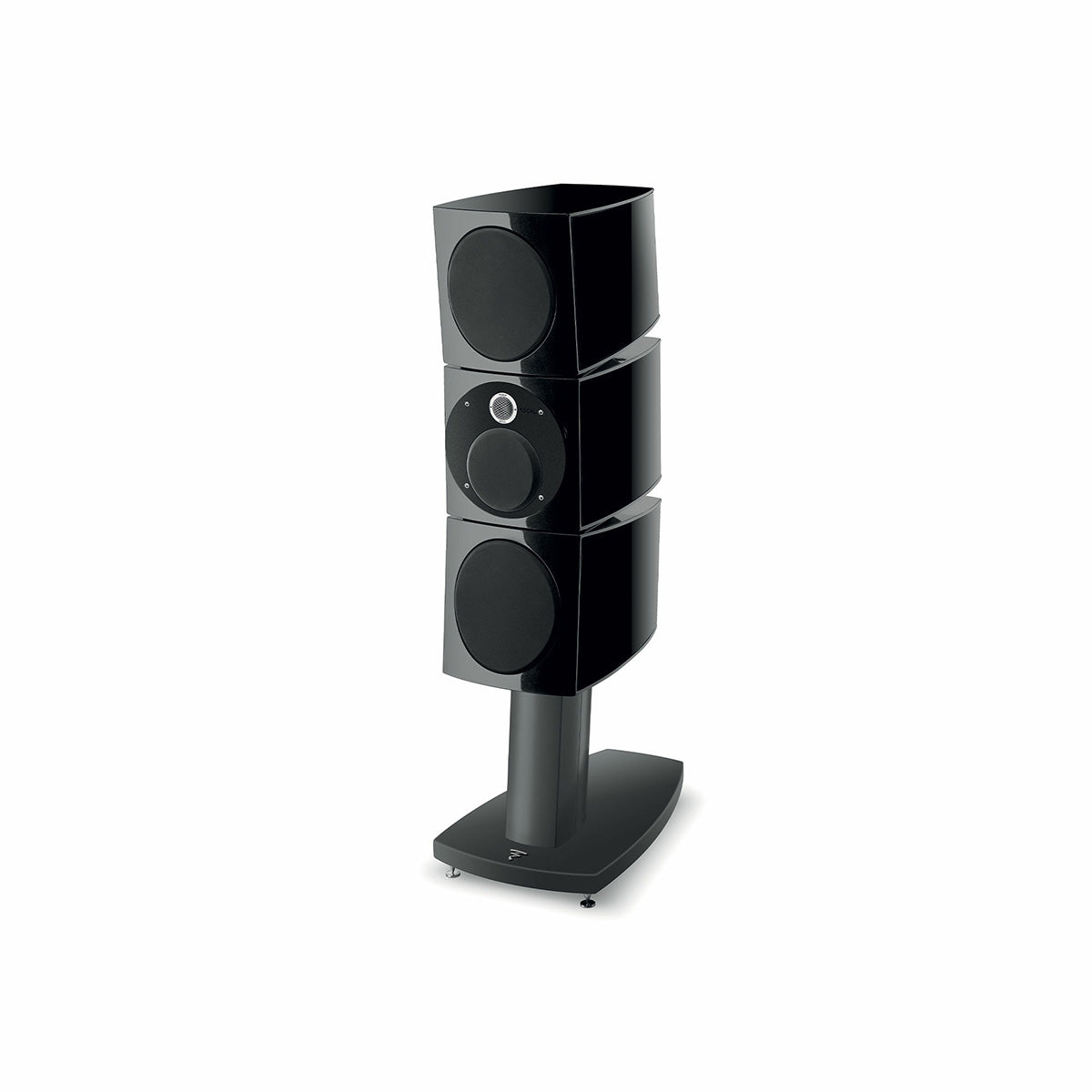 Focal Viva Utopia Evo 3-Way Speaker - Black Lacquer - front view sitting vertically on sold separately stand angled left with grille