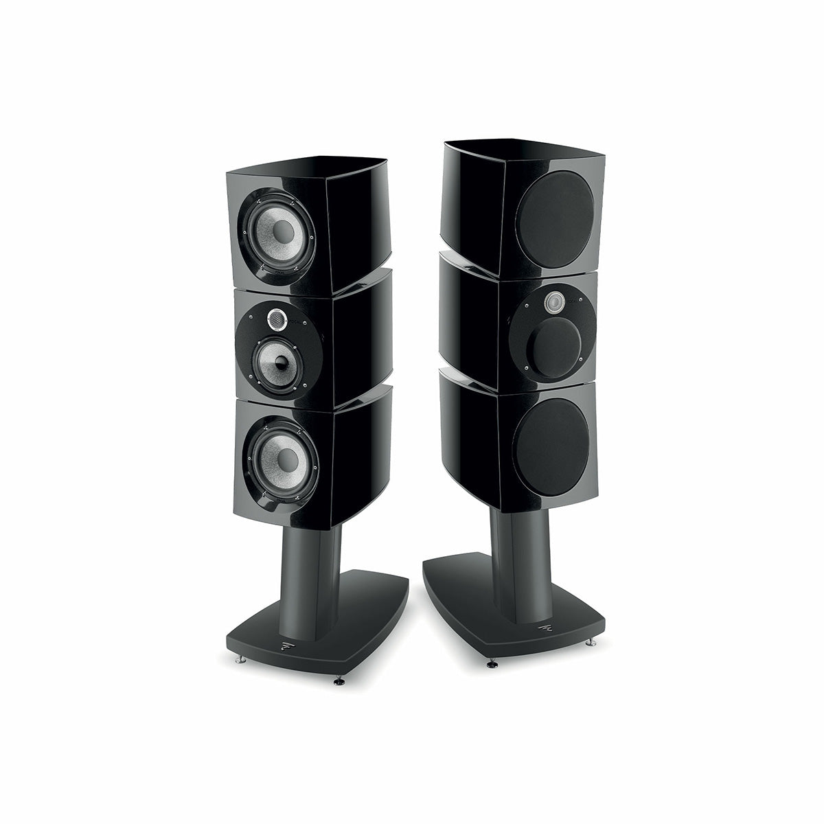 Focal Viva Utopia Evo 3-Way Speaker - Black Lacquer - pair of speakers front view sitting vertically on sold separately stands, left speaker angled left without grille, right speaker angled right with grille