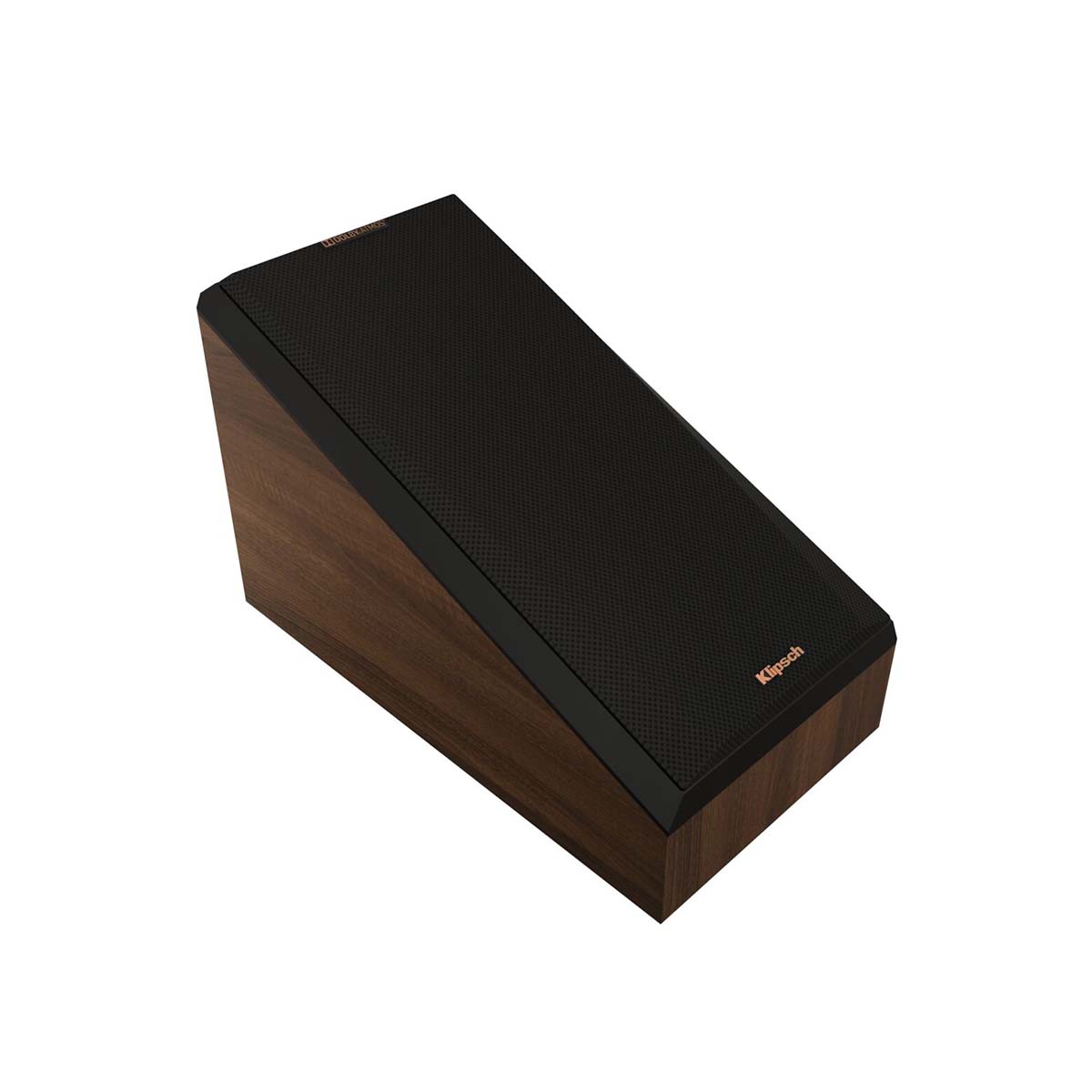 Klipsch RP-500SA II Surround/Atmos Speakers - Walnut - Pair - angled top view of single with grill