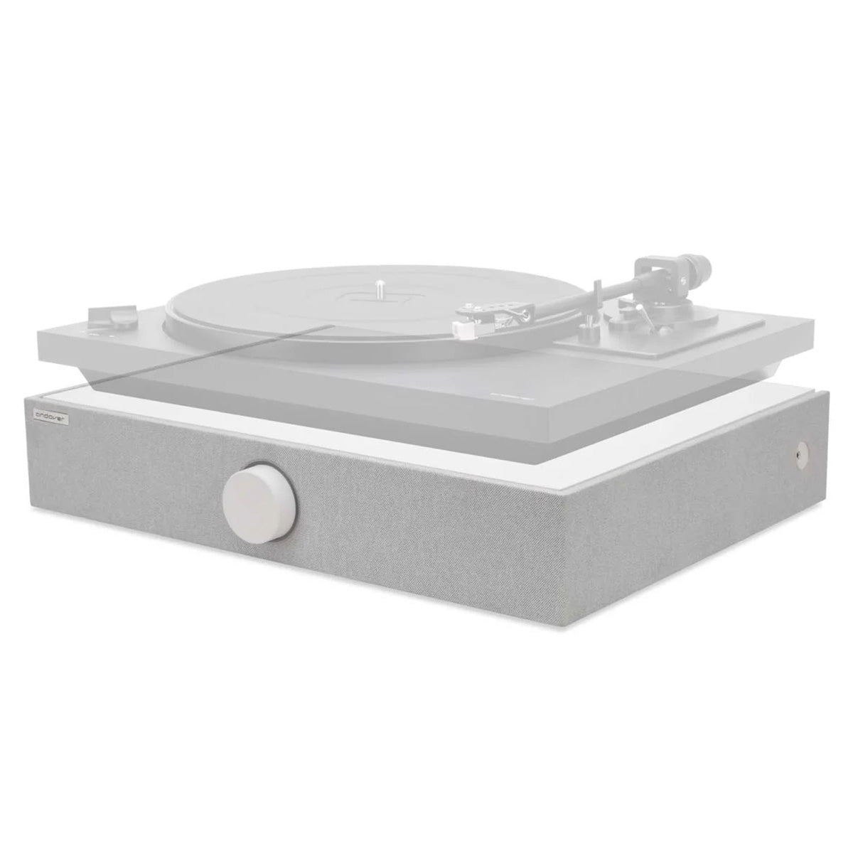 Andover SpinBase 2 Powered Turntable Speaker - white - front side and top view angled left with transparent turntable on top